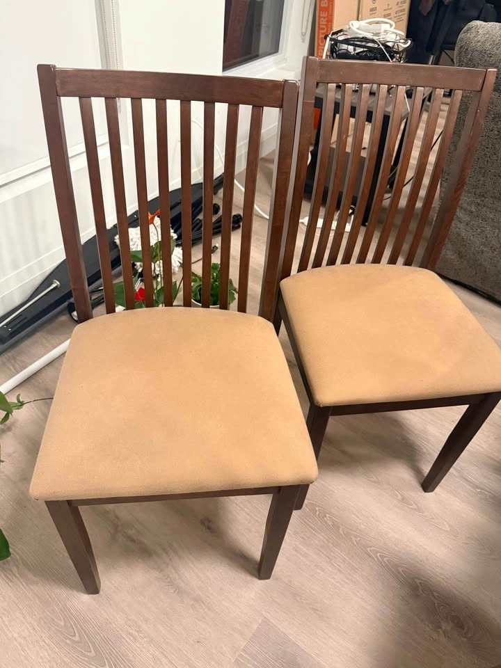 2 Dark Wood Dining Chairs with Beige Seats - photo 2