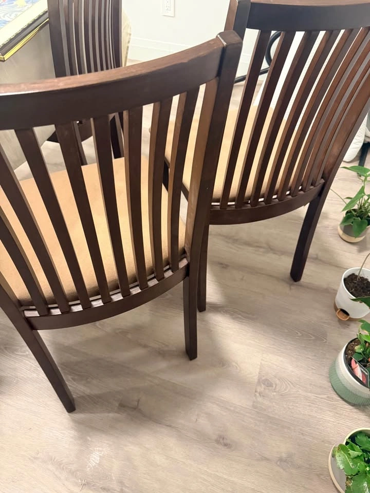 2 Dark Wood Dining Chairs with Beige Seats - photo 5