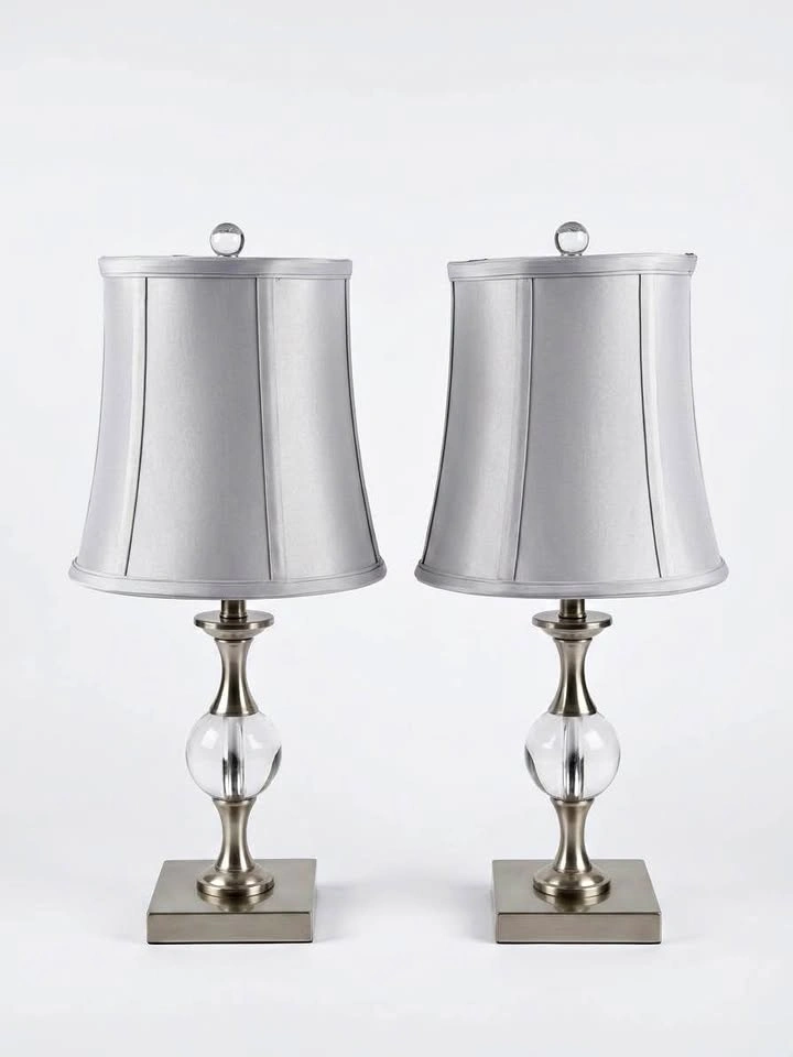Pair of Modern Glass & Brushed Silver Table Lamps with LED Bulbs