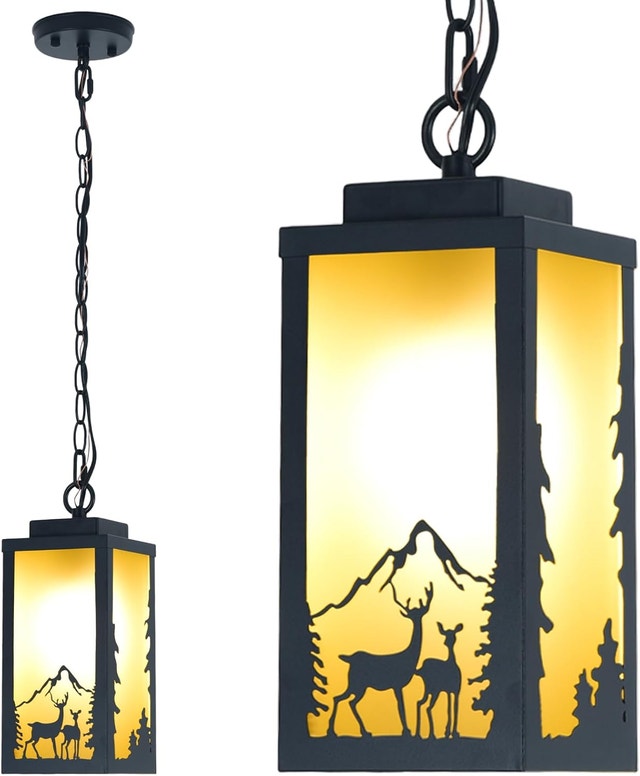 Rustic Outdoor Pendant Light Deer Design Amber Shade Waterproof