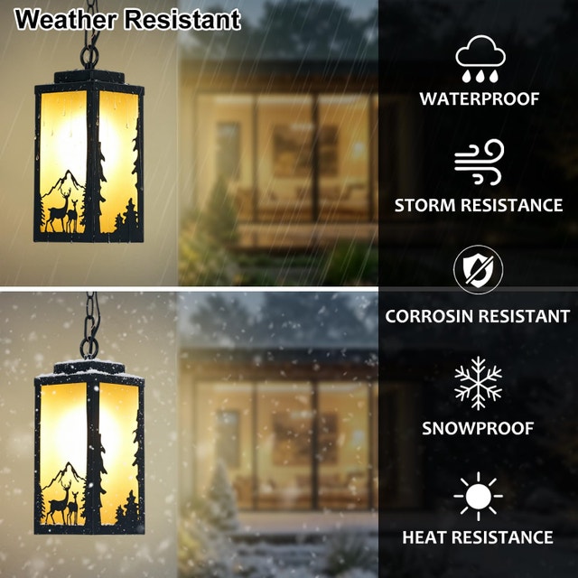 Rustic Outdoor Pendant Light Deer Design Amber Shade Waterproof - photo 3