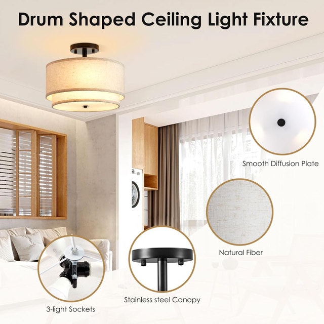 12.6" Semi Flush Mount Ceiling Light - 3-Light Fabric Shade - photo 2