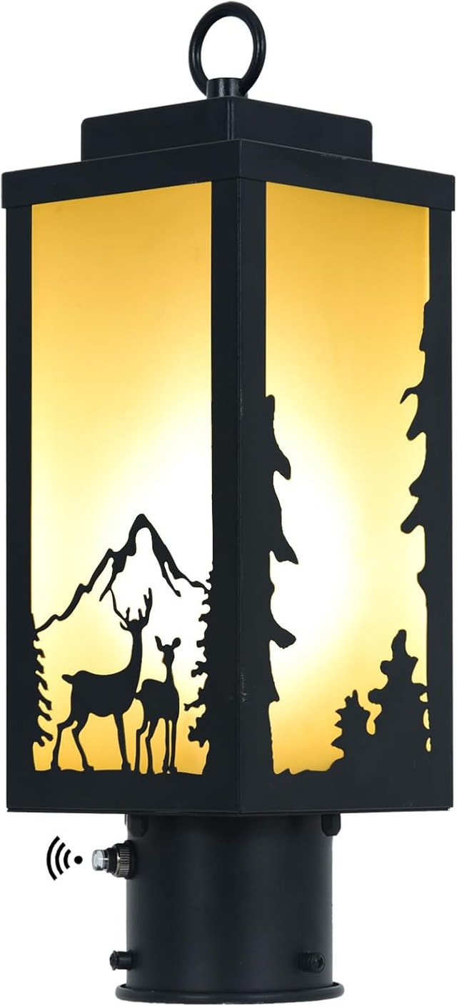Outdoor Lamp Post Light Deer Pattern Dusk to Dawn Matte Black