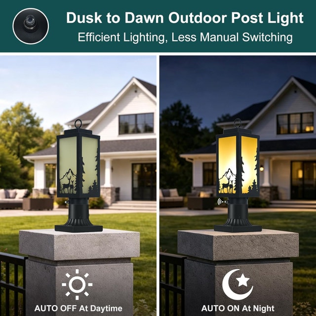 Outdoor Lamp Post Light Deer Pattern Dusk to Dawn Matte Black - photo 2