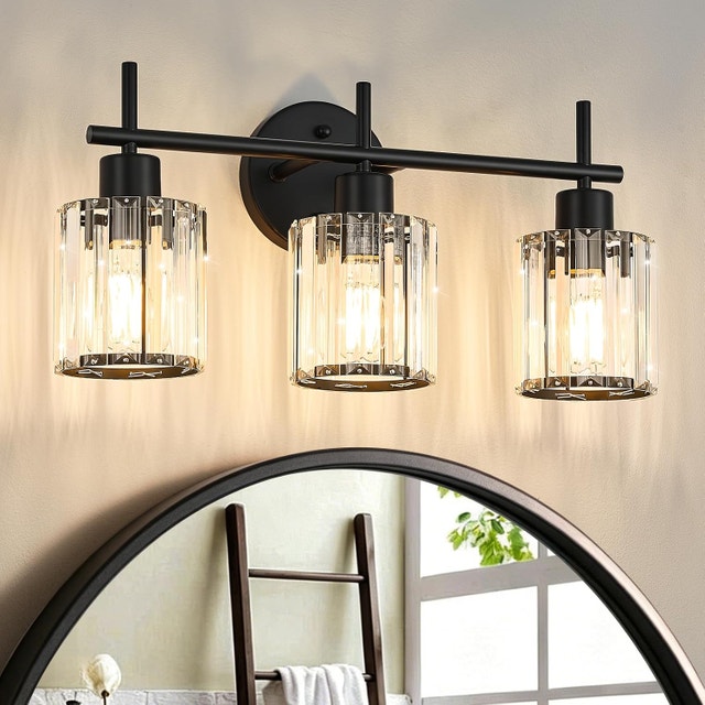 3-Light Matte Black Bathroom Vanity Light - Crystal Shades, E26