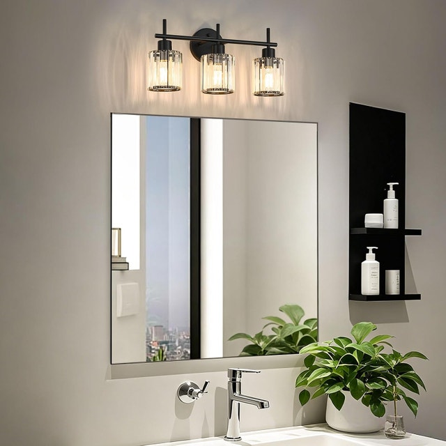 3-Light Matte Black Bathroom Vanity Light - Crystal Shades, E26 - photo 2