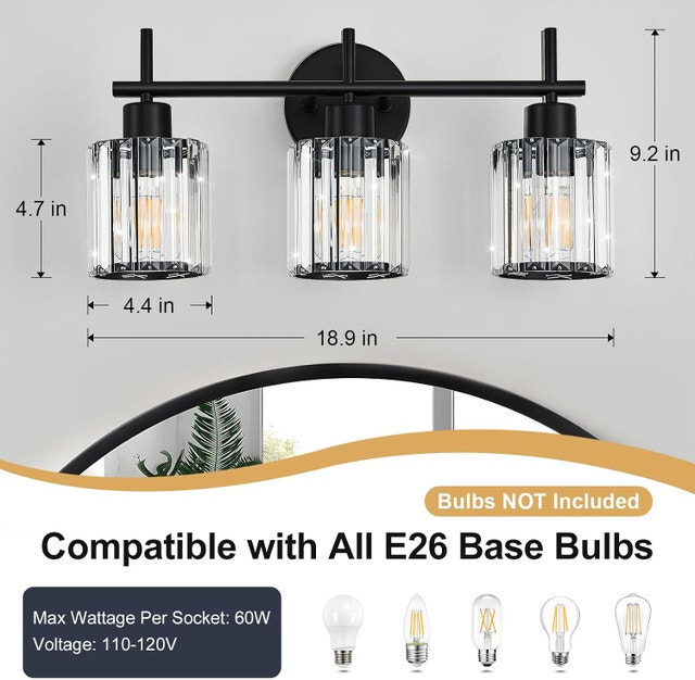 3-Light Matte Black Bathroom Vanity Light - Crystal Shades, E26 - photo 3