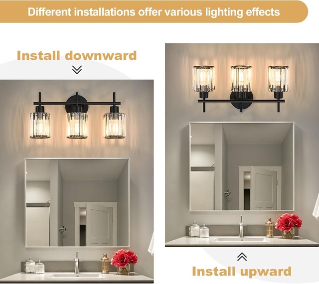 3-Light Matte Black Bathroom Vanity Light - Crystal Shades, E26 - photo 4