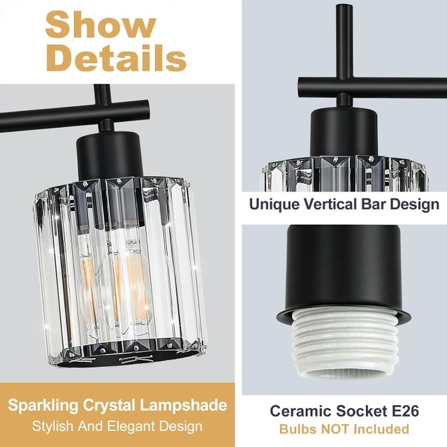 3-Light Matte Black Bathroom Vanity Light - Crystal Shades, E26 - photo 5