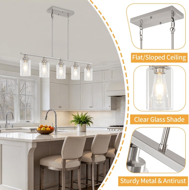 5-Light Brushed Nickel Kitchen Island Light - Modern Farmhouse - photo 4