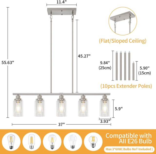 5-Light Brushed Nickel Kitchen Island Light - Modern Farmhouse - photo 5