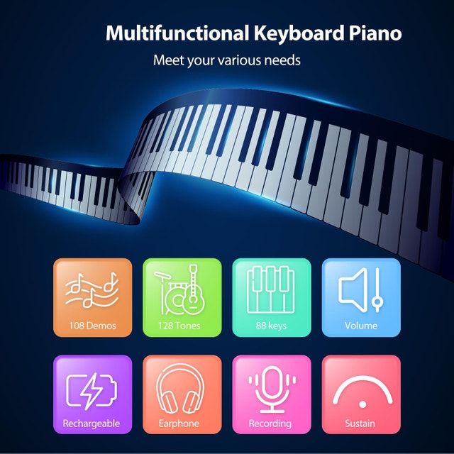 88-Key Roll-Up Silicone Piano Keyboard - Portable Foldable Piano - photo 4
