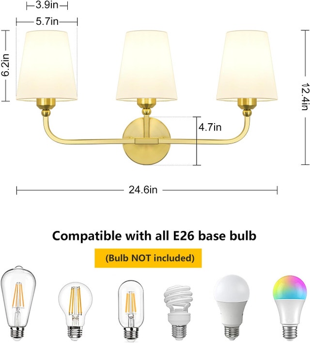 3-Light Bathroom Vanity Light, White & Gold Wall Sconce - photo 2