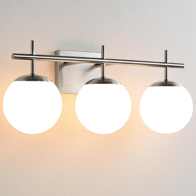 3-Light Brushed Nickel Bathroom Vanity Light, 22.4" Globe Glass