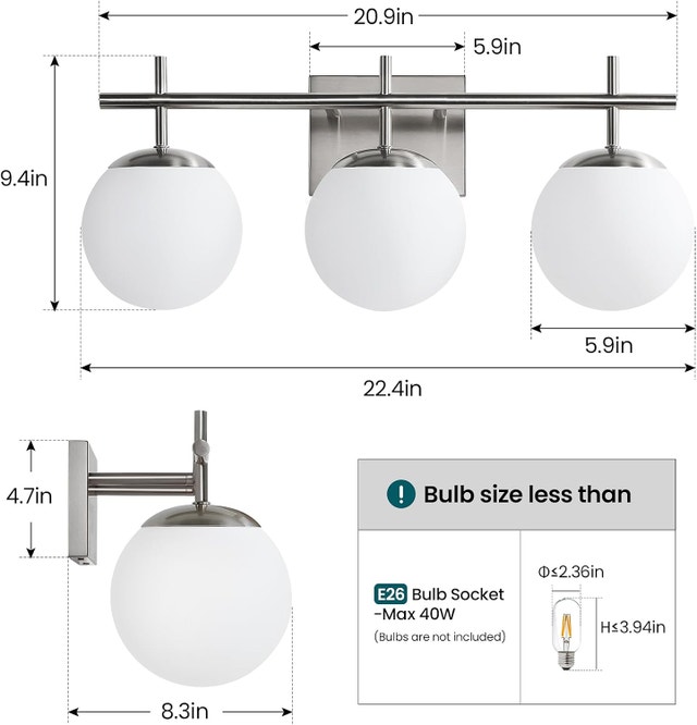 3-Light Brushed Nickel Bathroom Vanity Light, 22.4" Globe Glass - photo 2