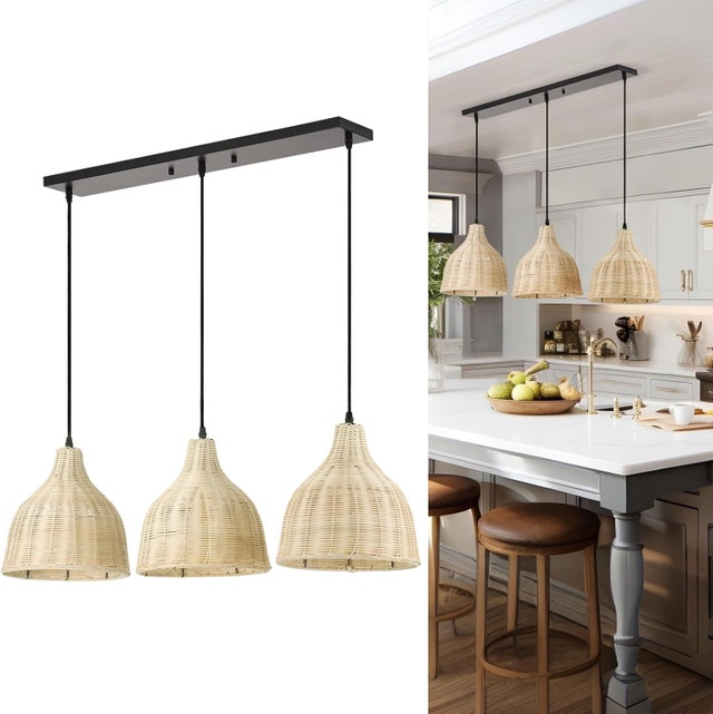 Boho 3-Light Pendant Chandelier, 9.84" Wicker Dome Shade