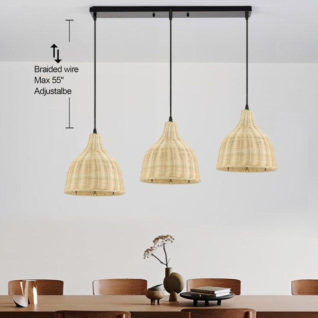 Boho 3-Light Pendant Chandelier, 9.84" Wicker Dome Shade - photo 2