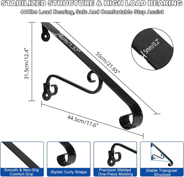 21.7" Outdoor Stair Handrail, Wall-Mounted Wrought Iron - photo 2