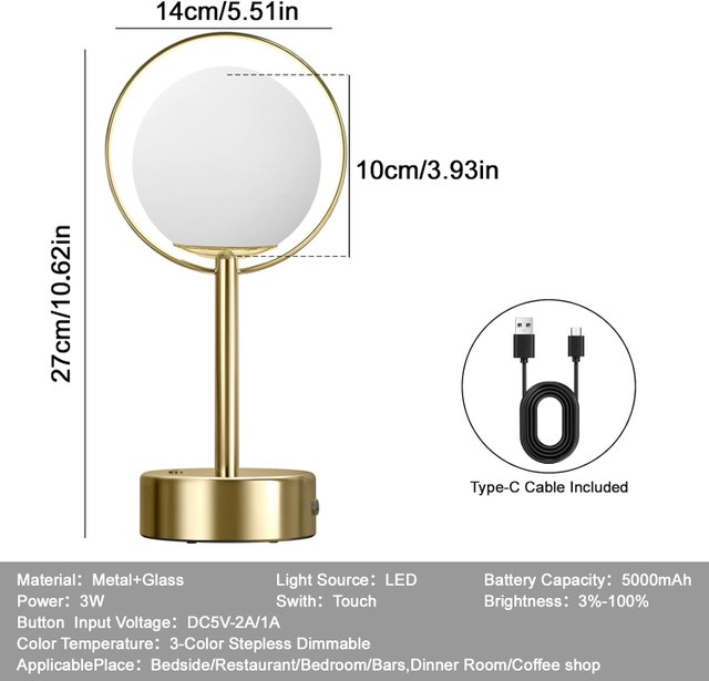 Rechargeable Table Lamp 5000mAh Gold Touch Dimmable - photo 5