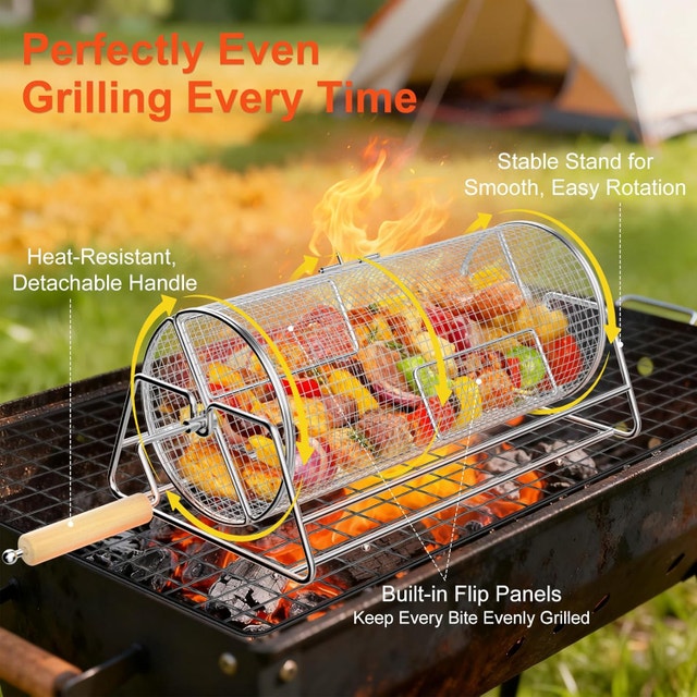 Rotatable Stainless Steel Grill Basket 304 BBQ Rolling Vegetable - photo 4