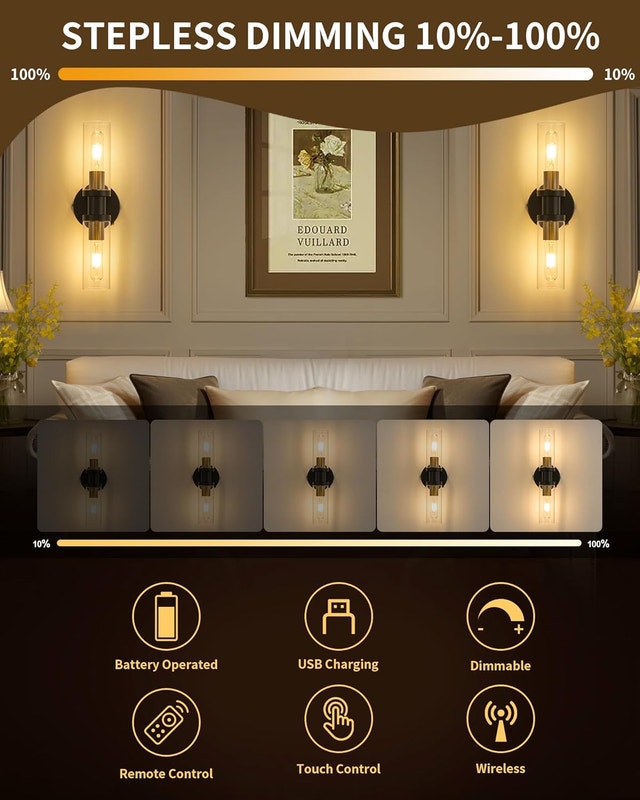 Rechargeable Wall Sconce Wireless Dimmable Remote Timer USB-C - photo 2