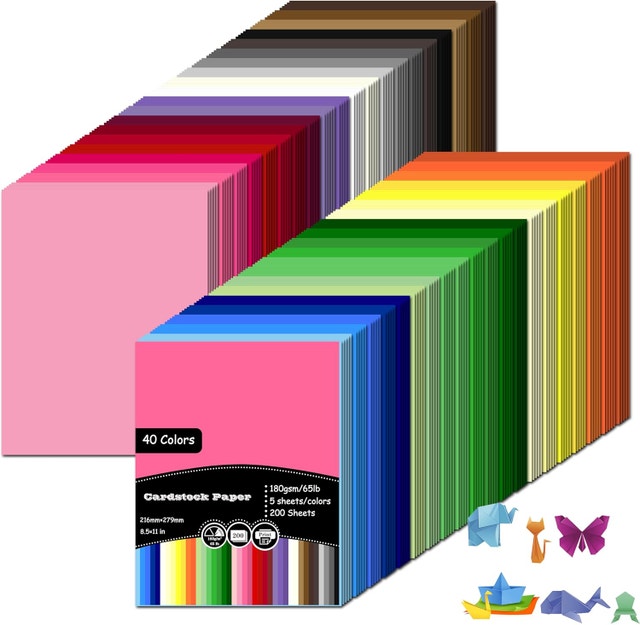 200 Sheets 8.5"x11" Colored Cardstock, 40 Assorted Colors, 65lb