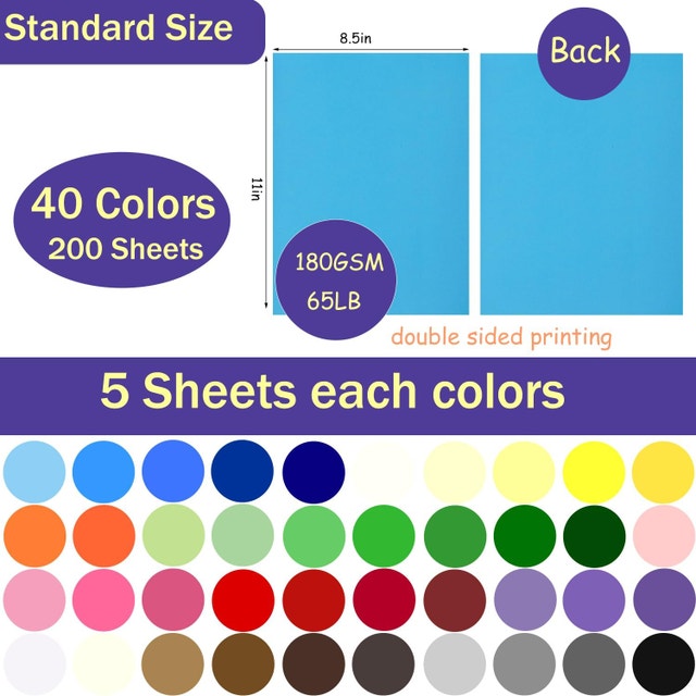200 Sheets 8.5"x11" Colored Cardstock, 40 Assorted Colors, 65lb - photo 3