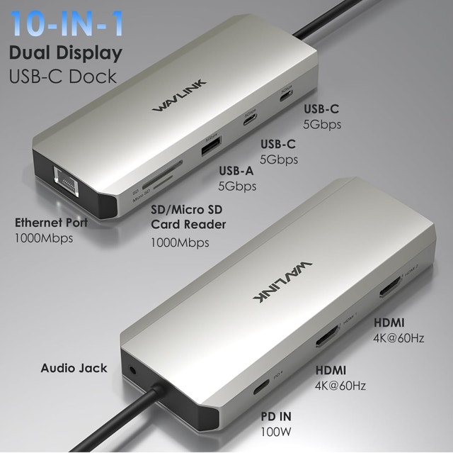 WAVLINK 10-in-1 USB-C Docking Station - Dual 4K HDMI, 100W PD - photo 2