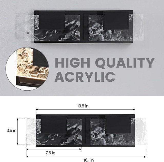 16in Matte Black LED Bathroom Vanity Light 2 Light Acrylic - photo 2