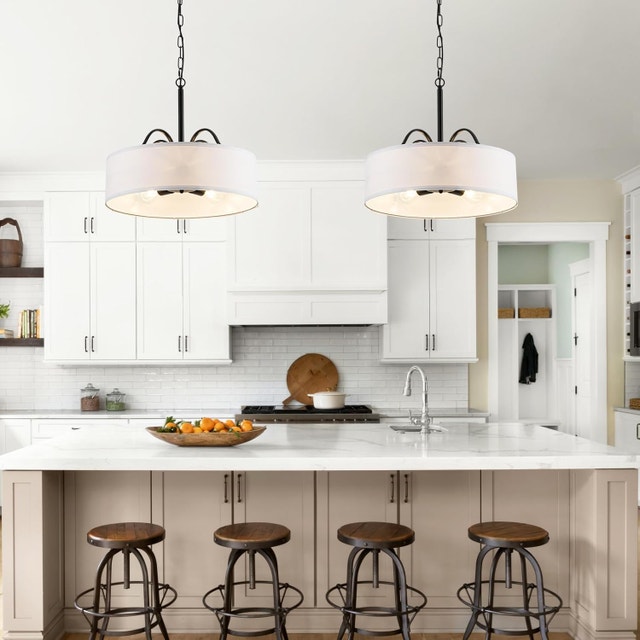 19.7in Drum Chandelier 5 Light Fabric Shade Adjustable Pendant - photo 3