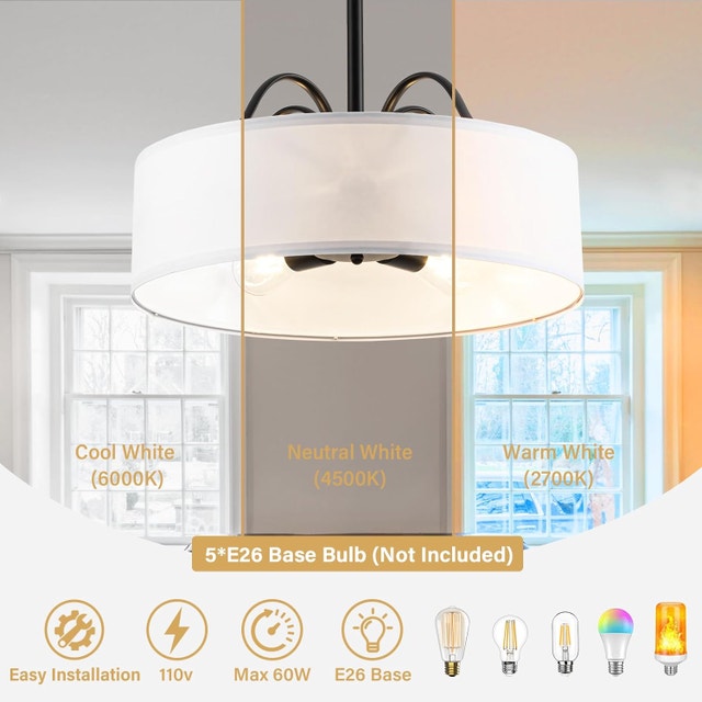 19.7in Drum Chandelier 5 Light Fabric Shade Adjustable Pendant - photo 4