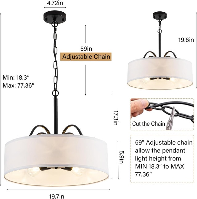 19.7in Drum Chandelier 5 Light Fabric Shade Adjustable Pendant - photo 5