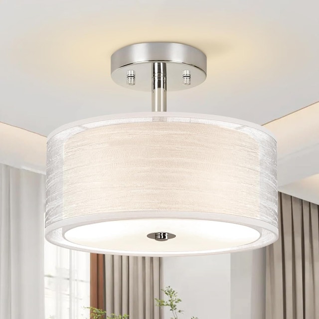 3 Light Ceiling Fixture Semi Flush Mount E26 Double Fabric Shade