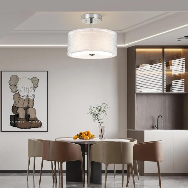 3 Light Ceiling Fixture Semi Flush Mount E26 Double Fabric Shade - photo 2