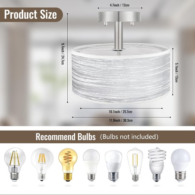 3 Light Ceiling Fixture Semi Flush Mount E26 Double Fabric Shade - photo 3