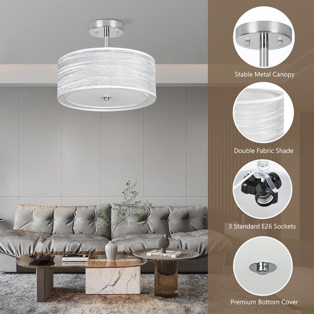 3 Light Ceiling Fixture Semi Flush Mount E26 Double Fabric Shade - photo 5