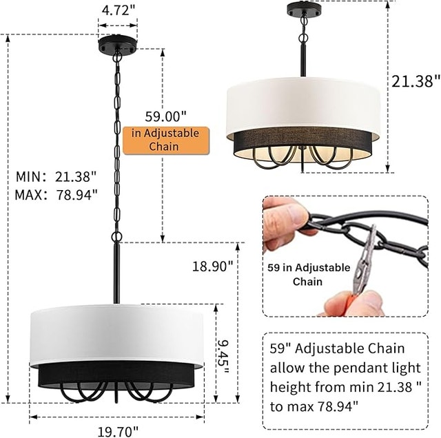 Drum Chandelier 19.7in 5 Light Fabric Shade Adjustable - photo 3