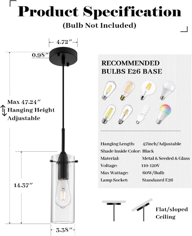 OTMILANCE Black Pendant Lights, Set of 3, Modern Clear Glass - photo 4