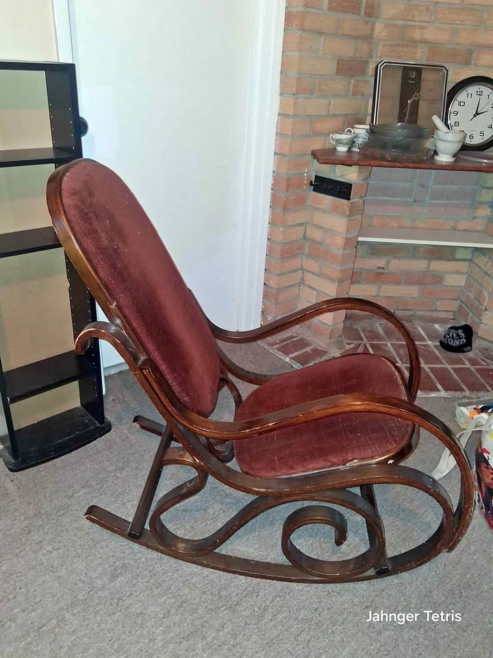 Vintage Bentwood Rocking Chair with Red Velvet Upholstery