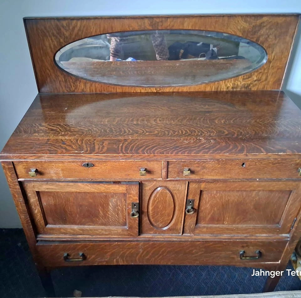 Antique Tiger Oak Sideboard with Oval Mirror