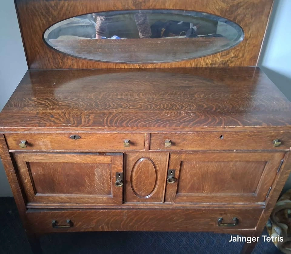 Antique Tiger Oak Sideboard with Oval Mirror - photo 2