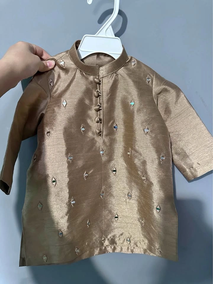 Gold Silk Kurta Pajama with Glass Work (9-16 Months)