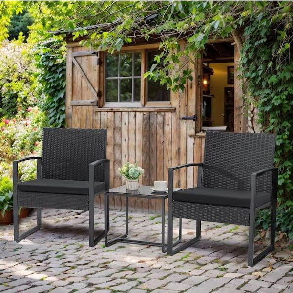 3-Piece Black Outdoor Wicker Patio Bistro Set with Cushions - photo 3