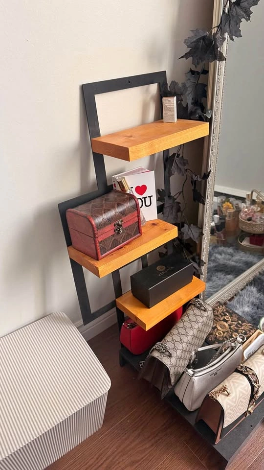 Modern Industrial Wall-Mounted Wood and Metal Shelving Unit