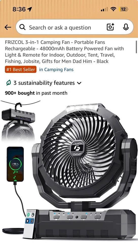 NEW! 3-in-1 Camping Fan Portable 48000mAh with Light Remote