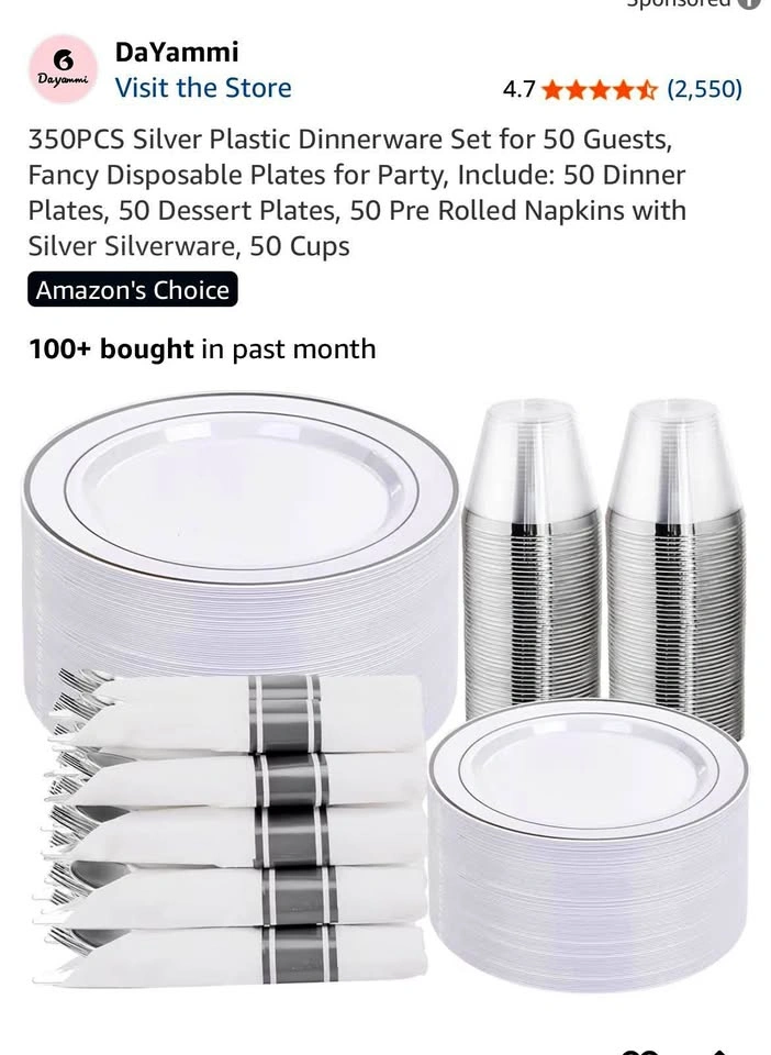 NEW - 350PCS Silver Plastic Dinnerware Set for 50 Guests