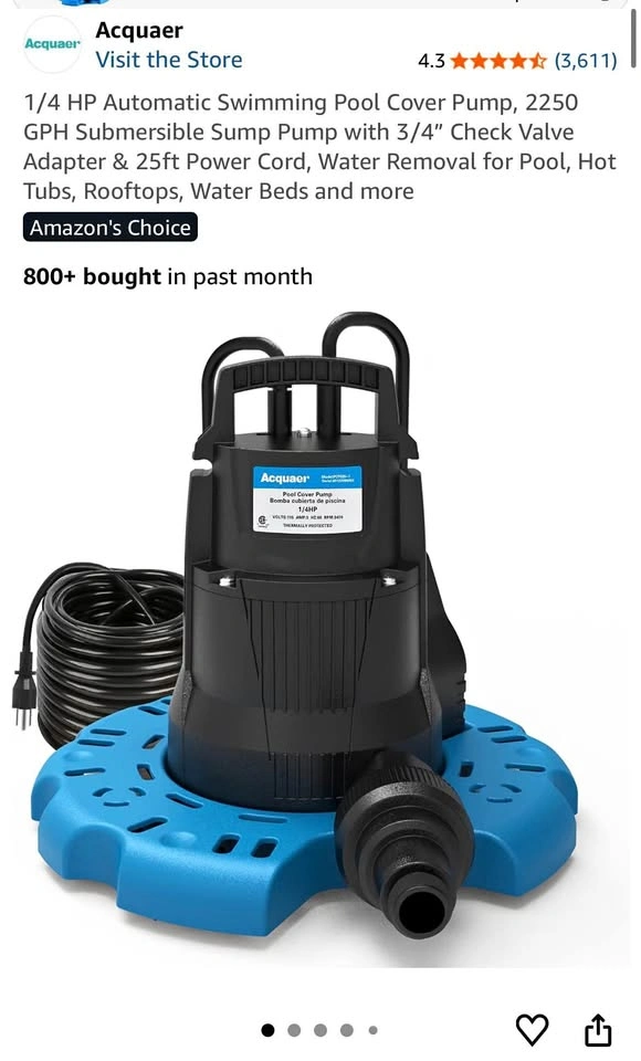 Acquaer 1/4 HP Automatic Pool Cover Sump Pump 2100 GPH