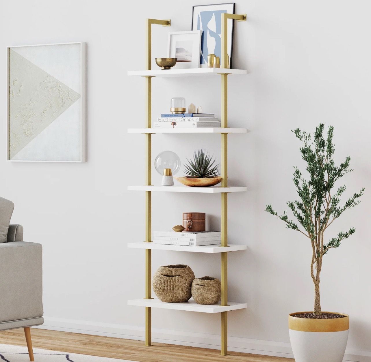 5-Shelf Ladder Bookcase – White & Gold