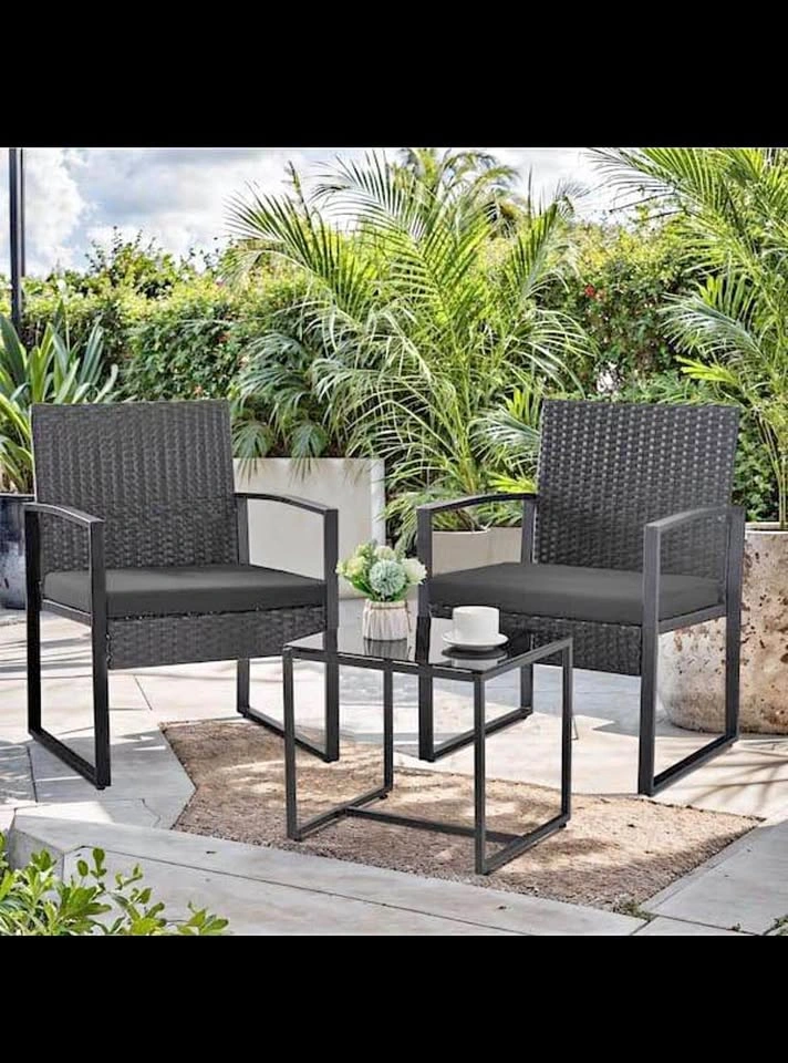 Black 3-Piece Steel Wicker Patio Bistro Set