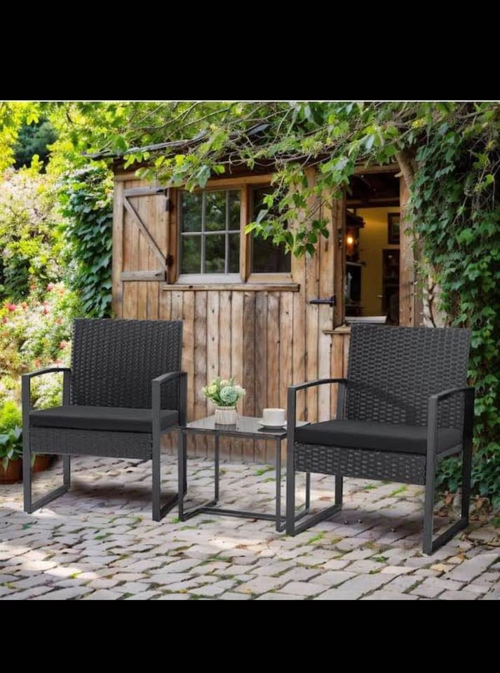Black 3-Piece Steel Wicker Patio Bistro Set - photo 2
